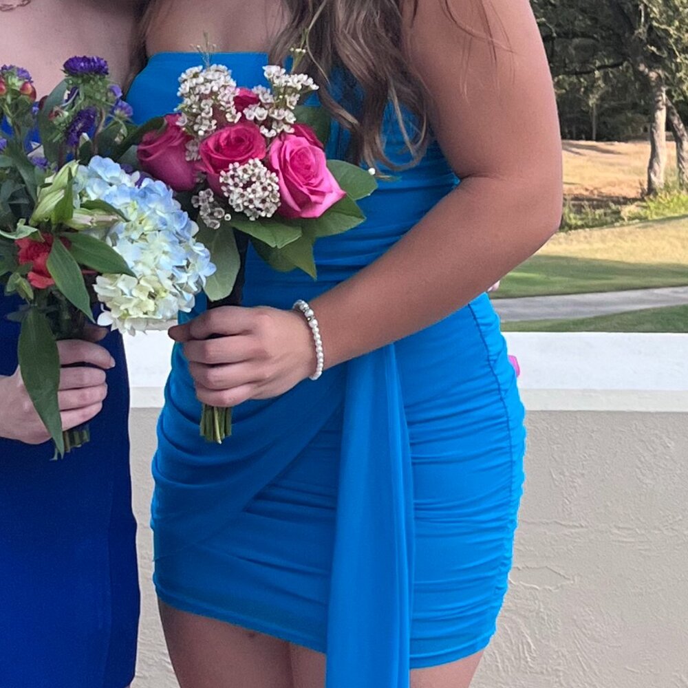 Strapless Blue Ruched Hoco Dress with Trail